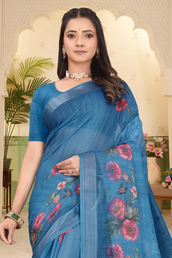 Blue_Cotton_Linen_Digital_Print_Saree_For_Women