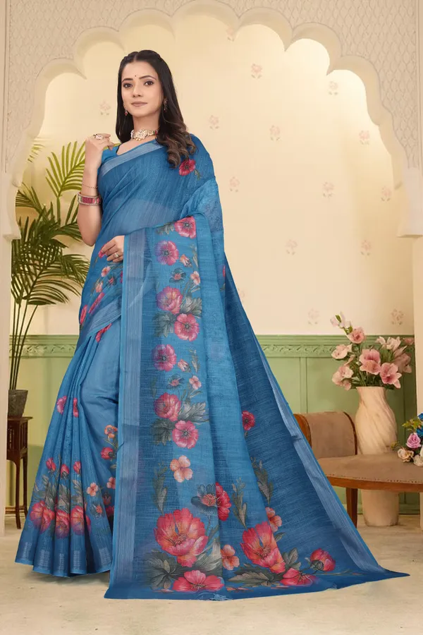 Blue_Cotton_Linen_Digital_Print_Saree_For_Women