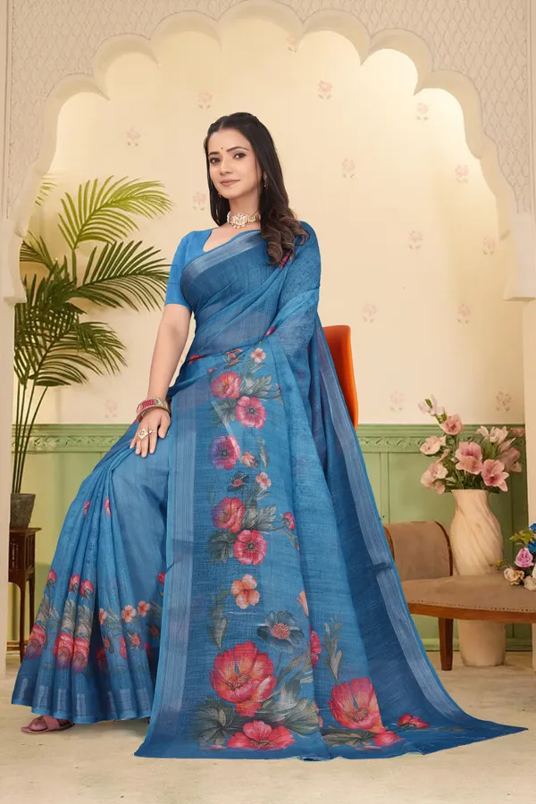 Blue_Cotton_Linen_Digital_Print_Saree_For_Women