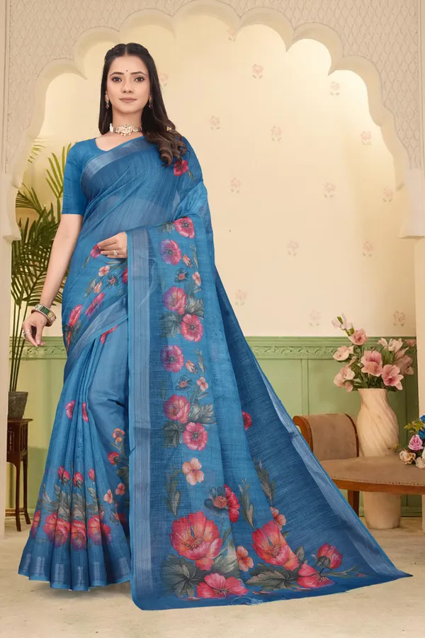 Blue_Cotton_Linen_Digital_Print_Saree_For_Women