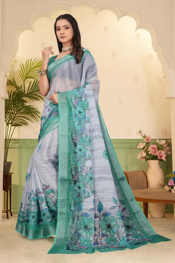 Dark_Green_Cotton_Linen_Digital_Print_Saree_For_Women