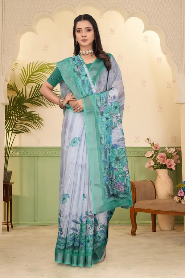 Dark_Green_Cotton_Linen_Digital_Print_Saree_For_Women