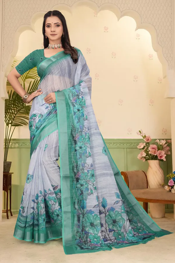 Dark_Green_Cotton_Linen_Digital_Print_Saree_For_Women