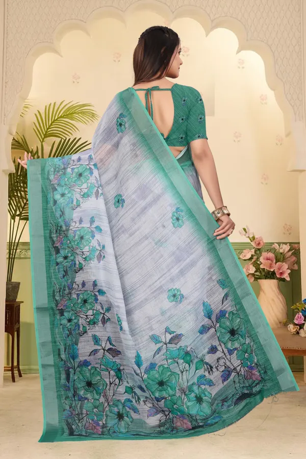 Dark_Green_Cotton_Linen_Digital_Print_Saree_For_Women