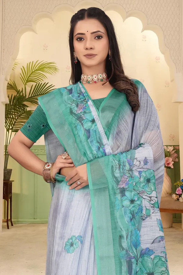 Dark_Green_Cotton_Linen_Digital_Print_Saree_For_Women