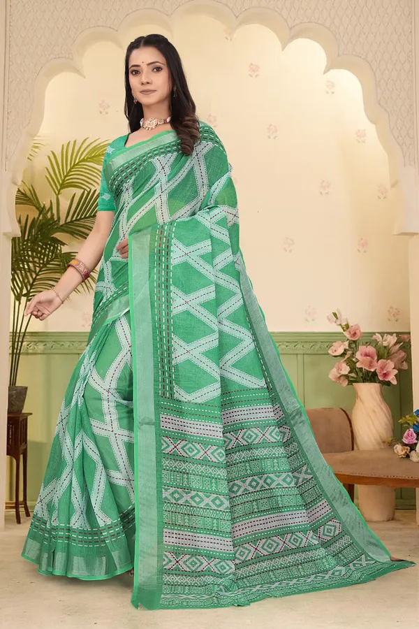 Green_Cotton_Linen_Digital_Print_Saree_For_Women