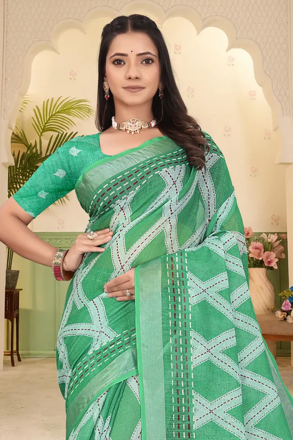 Green_Cotton_Linen_Digital_Print_Saree_For_Women