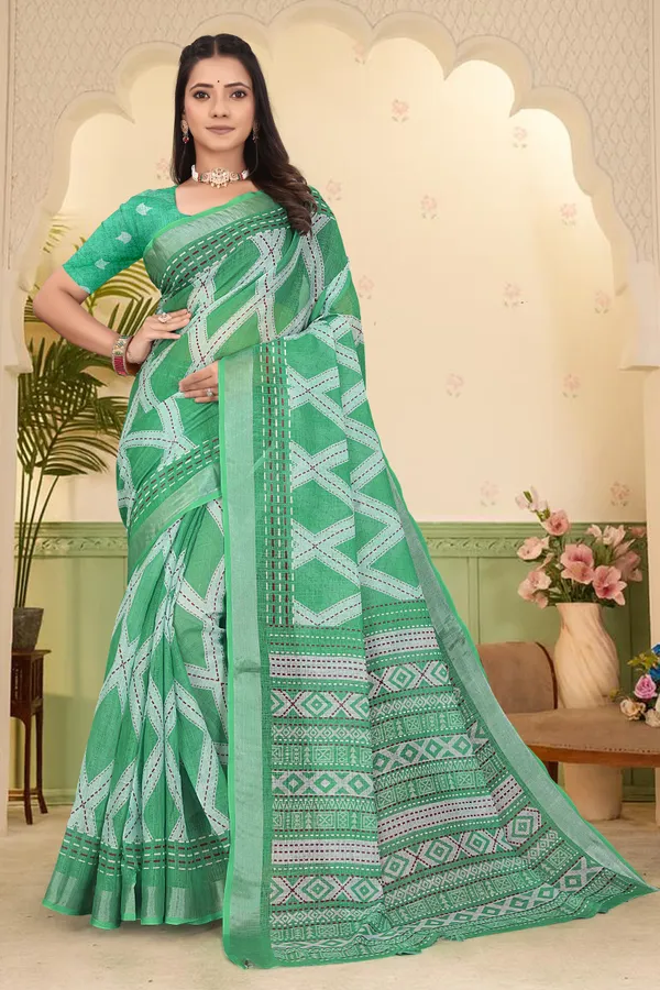 Green_Cotton_Linen_Digital_Print_Saree_For_Women