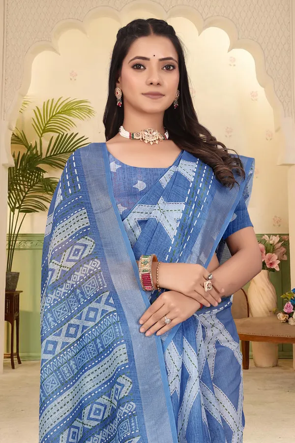 Blue_Cotton_Linen_Digital_Print_Saree_For_Women