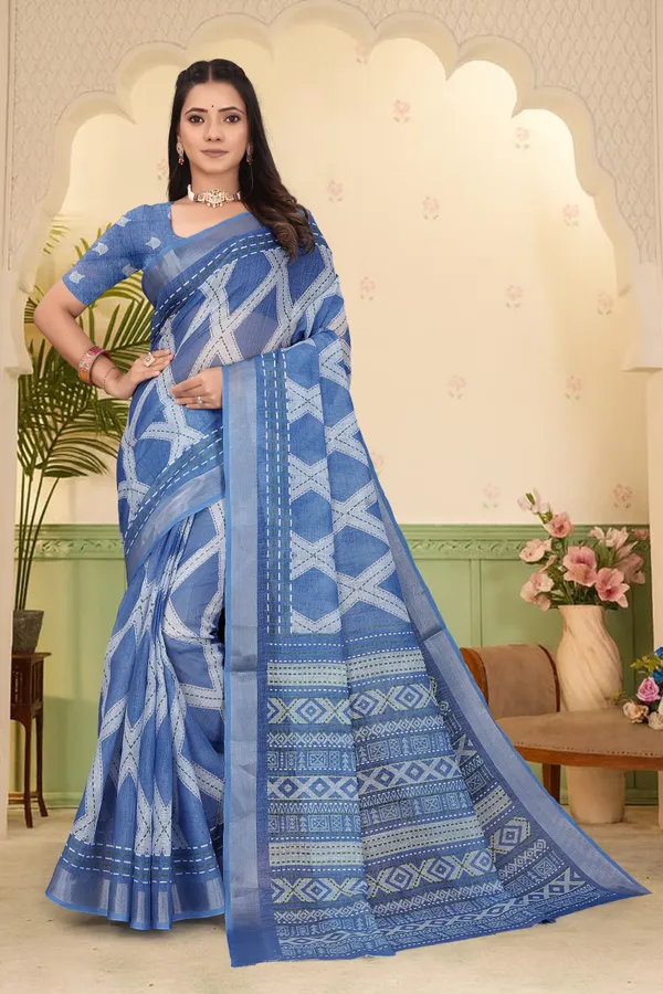 Blue_Cotton_Linen_Digital_Print_Saree_For_Women