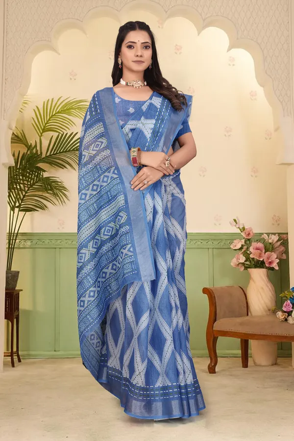 Blue_Cotton_Linen_Digital_Print_Saree_For_Women