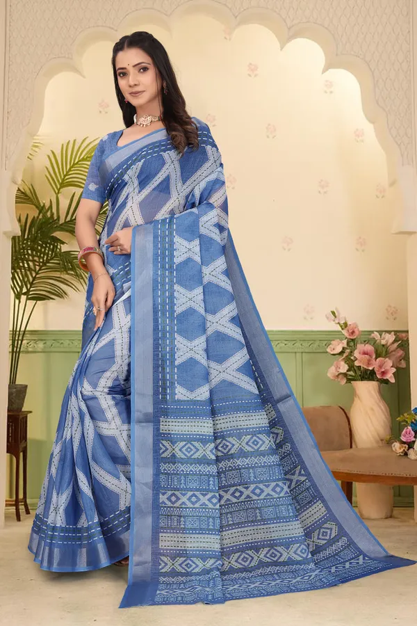 Blue_Cotton_Linen_Digital_Print_Saree_For_Women