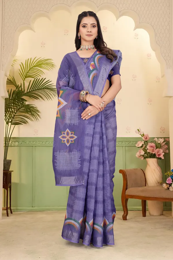 Blue_Cotton_Linen_Digital_Print_Saree_For_Women
