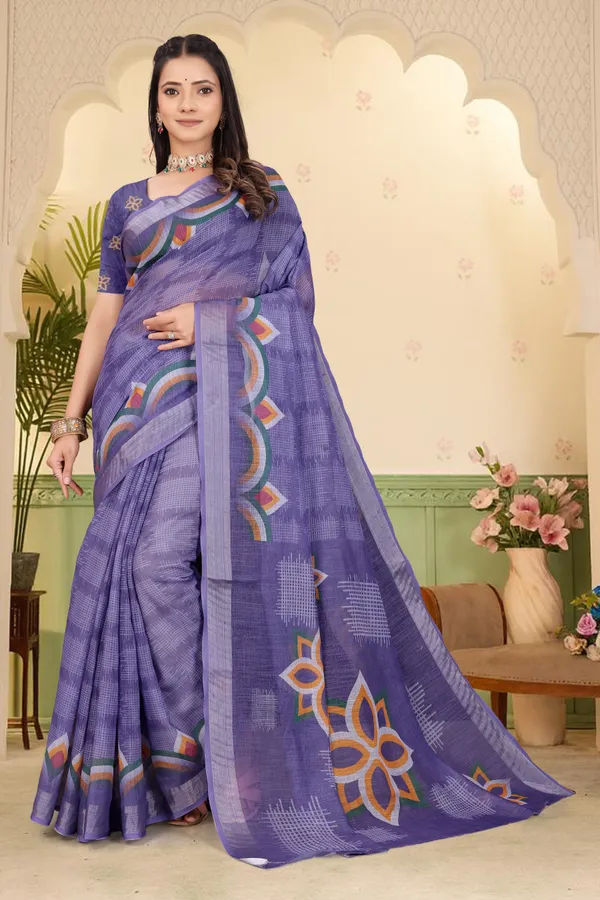Blue_Cotton_Linen_Digital_Print_Saree_For_Women