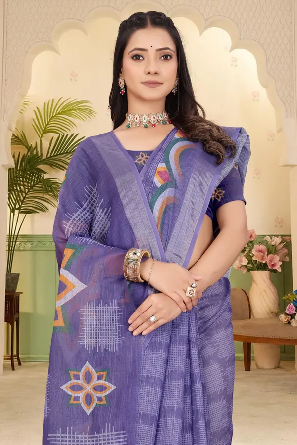 Blue_Cotton_Linen_Digital_Print_Saree_For_Women