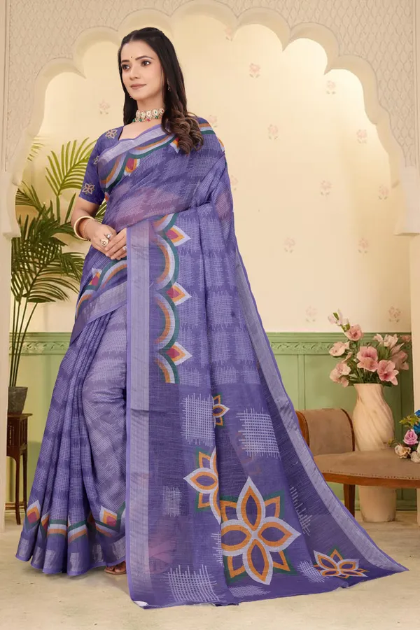 Blue_Cotton_Linen_Digital_Print_Saree_For_Women