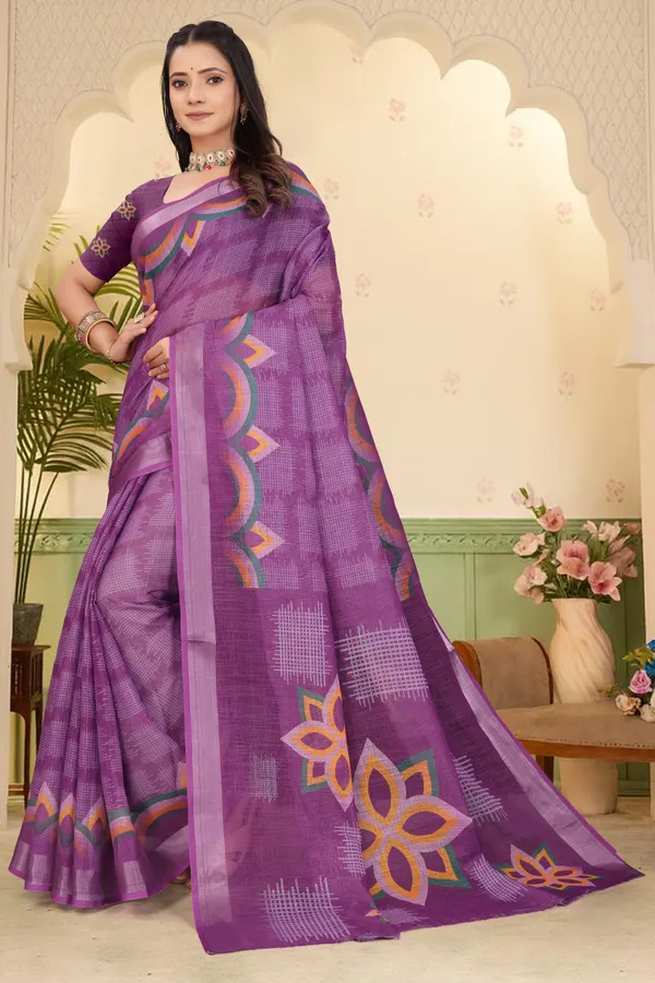 Purple_Cotton_Linen_Digital_Print_Saree_For_Women