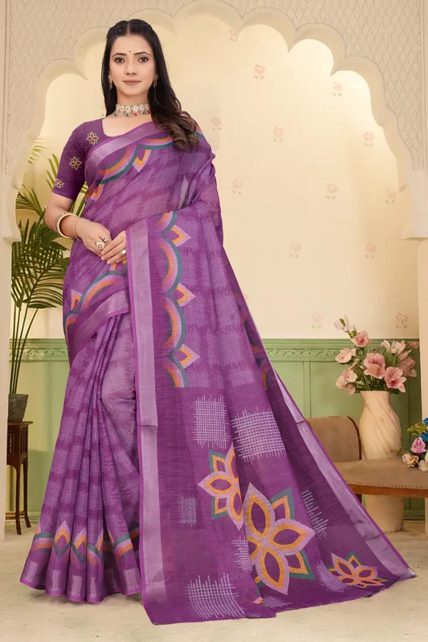 Purple_Cotton_Linen_Digital_Print_Saree_For_Women