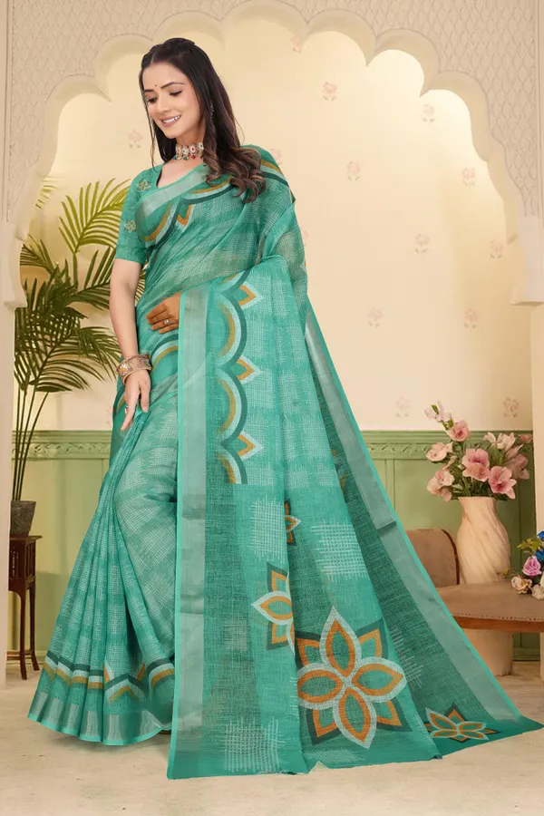 Dark_Green_Cotton_Linen_Digital_Print_Saree_For_Women