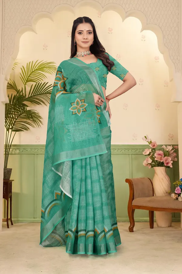 Dark_Green_Cotton_Linen_Digital_Print_Saree_For_Women