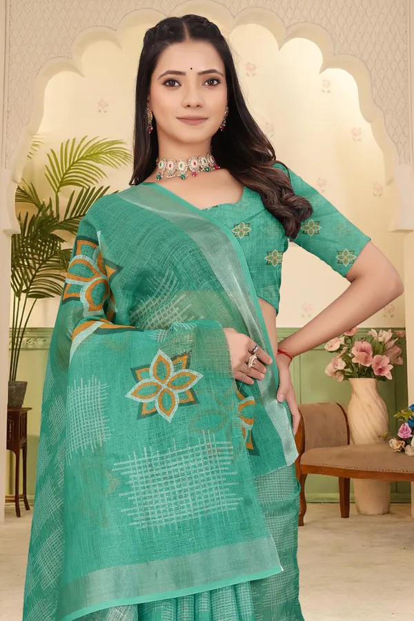 Dark_Green_Cotton_Linen_Digital_Print_Saree_For_Women