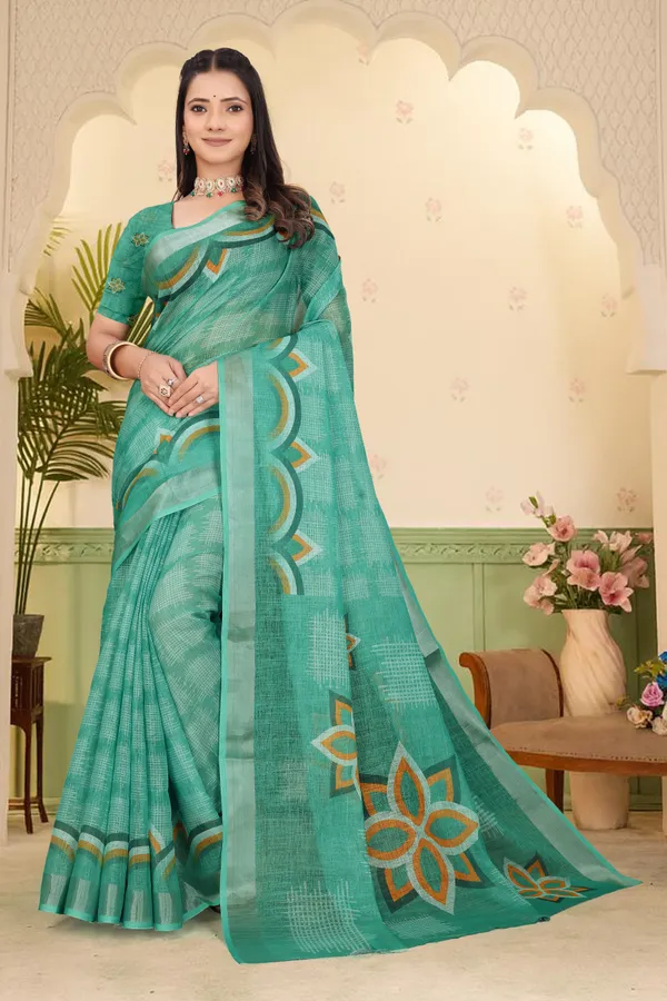 Dark_Green_Cotton_Linen_Digital_Print_Saree_For_Women
