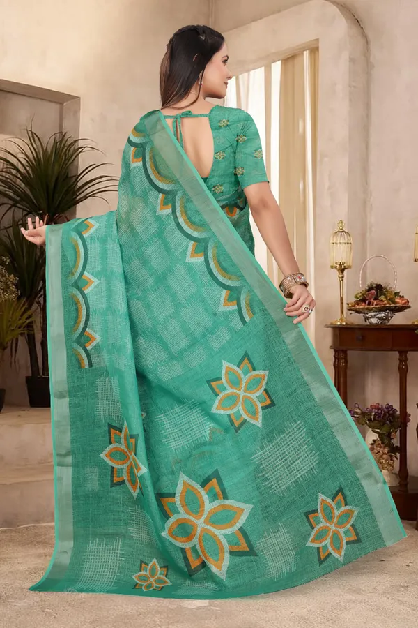 Dark_Green_Cotton_Linen_Digital_Print_Saree_For_Women