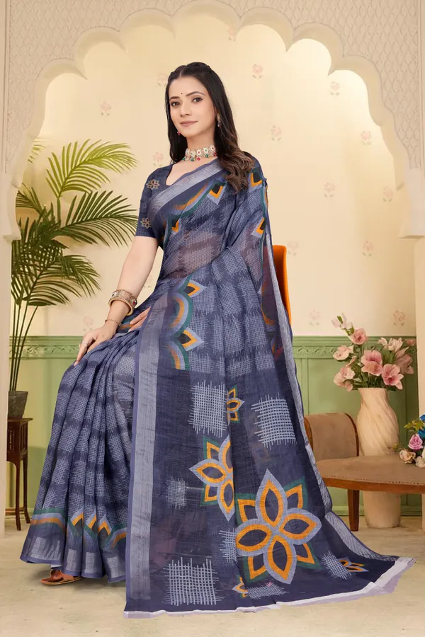 Dark_Blue_Cotton_Linen_Digital_Print_Saree_For_Women