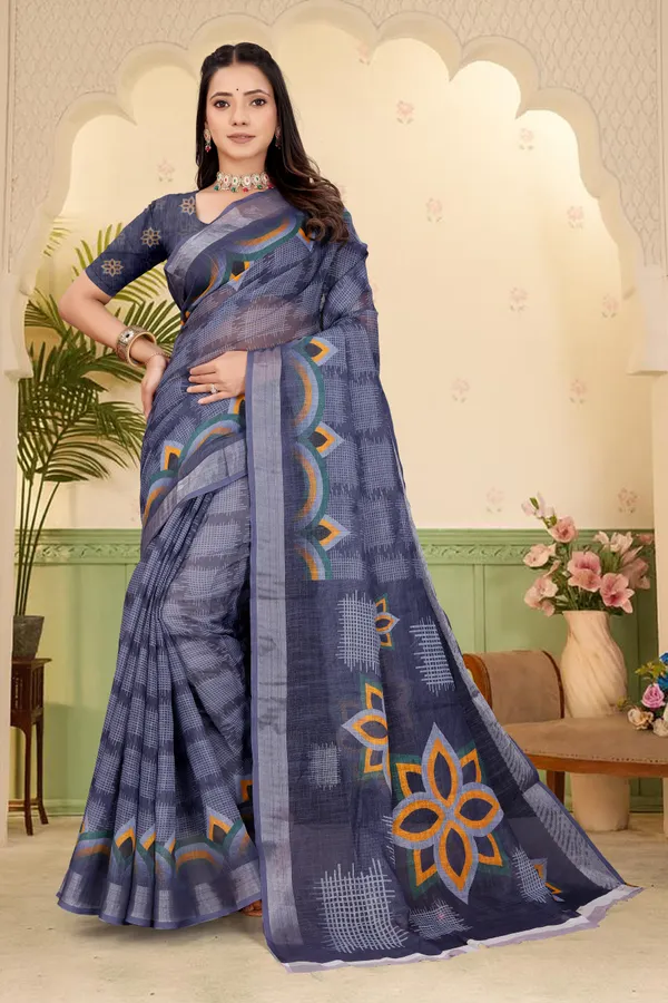 Dark_Blue_Cotton_Linen_Digital_Print_Saree_For_Women