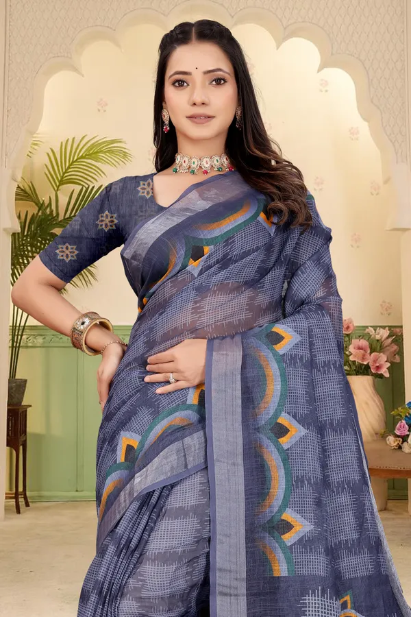 Dark_Blue_Cotton_Linen_Digital_Print_Saree_For_Women