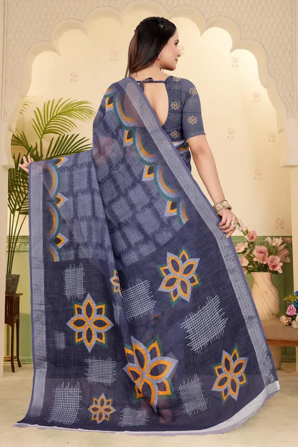 Dark_Blue_Cotton_Linen_Digital_Print_Saree_For_Women