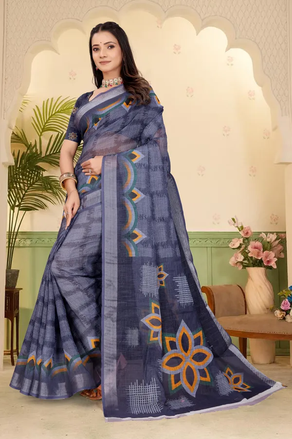 Dark_Blue_Cotton_Linen_Digital_Print_Saree_For_Women
