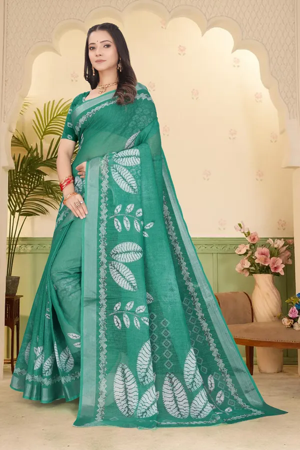 Dark_Green_Cotton_Linen_Digital_Print_Saree_For_Women