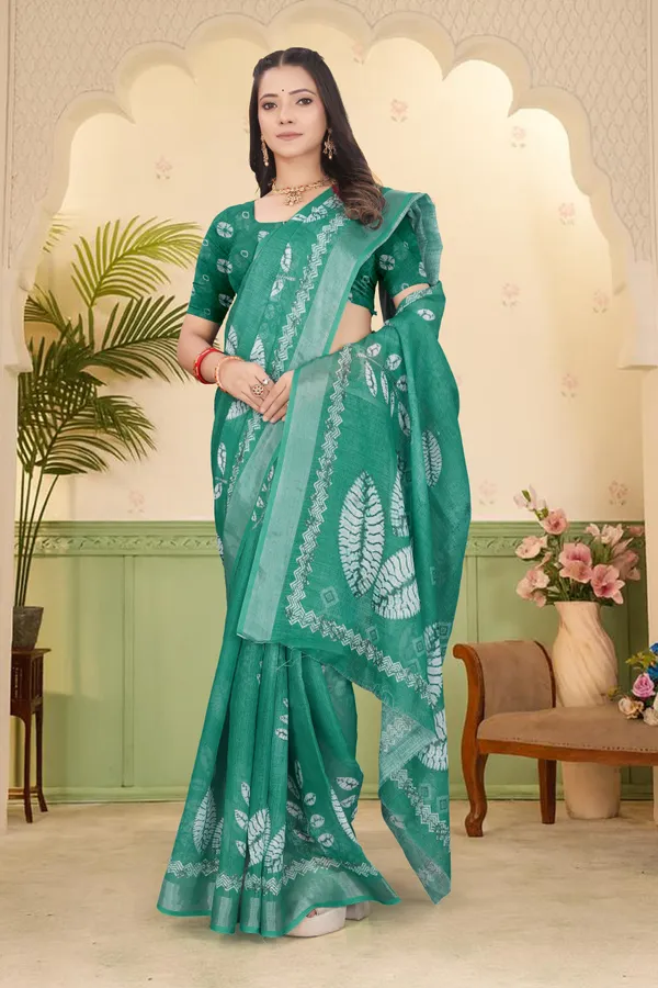 Dark_Green_Cotton_Linen_Digital_Print_Saree_For_Women