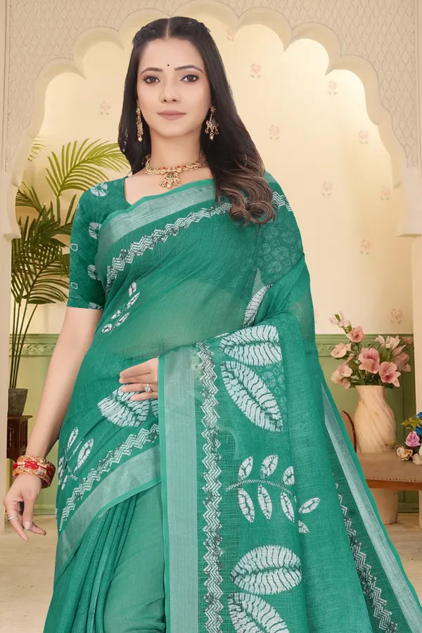 Dark_Green_Cotton_Linen_Digital_Print_Saree_For_Women