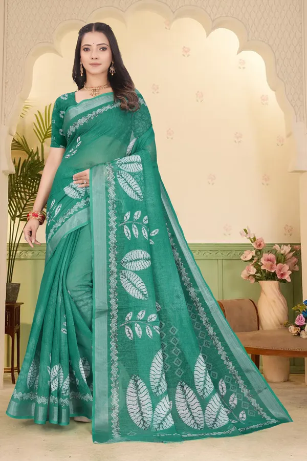Dark_Green_Cotton_Linen_Digital_Print_Saree_For_Women