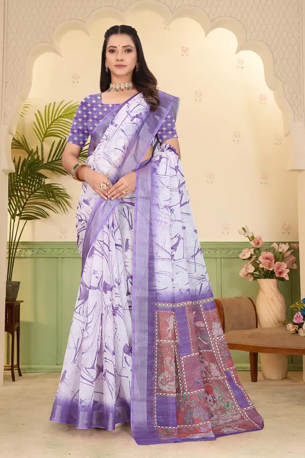 Light_Blue_Cotton_Linen_Digital_Print_Saree_For_Women