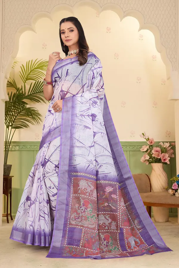 Light_Blue_Cotton_Linen_Digital_Print_Saree_For_Women
