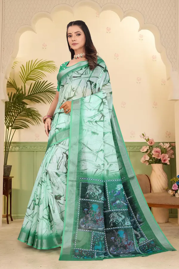 Green_Cotton_Linen_Digital_Print_Saree_For_Women