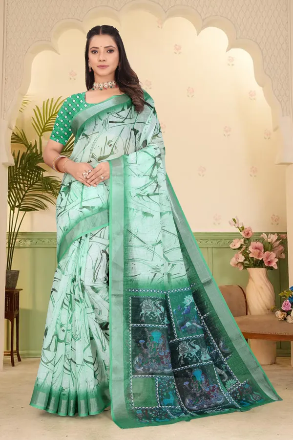 Green_Cotton_Linen_Digital_Print_Saree_For_Women