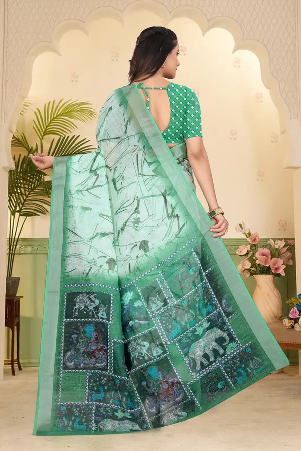 Green_Cotton_Linen_Digital_Print_Saree_For_Women