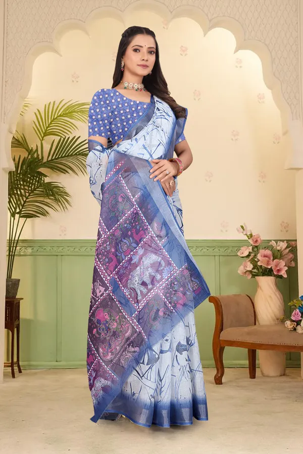 Blue_Cotton_Linen_Digital_Print_Saree_For_Women