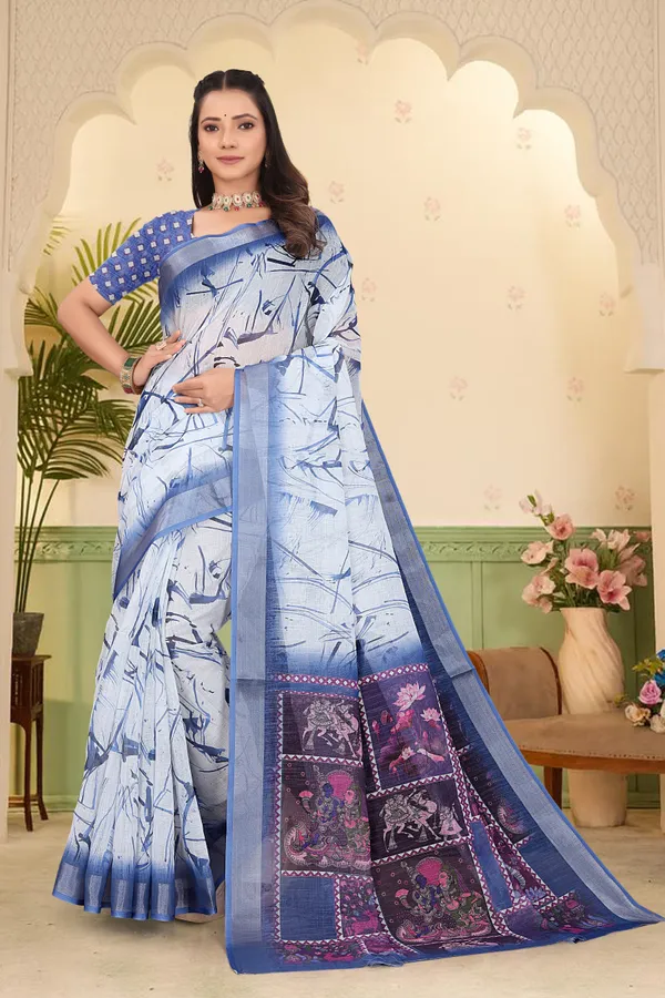Blue_Cotton_Linen_Digital_Print_Saree_For_Women