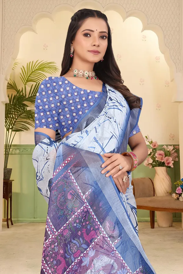Blue_Cotton_Linen_Digital_Print_Saree_For_Women