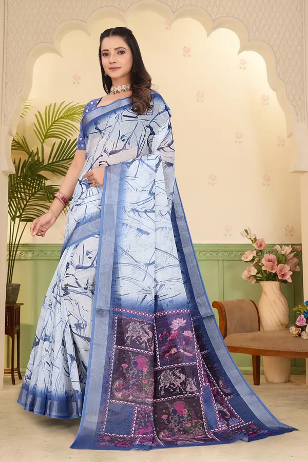 Blue_Cotton_Linen_Digital_Print_Saree_For_Women