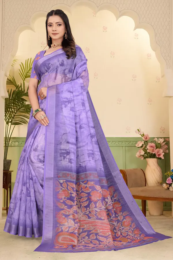 Light_Blue_Cotton_Linen_Digital_Print_Saree_For_Women