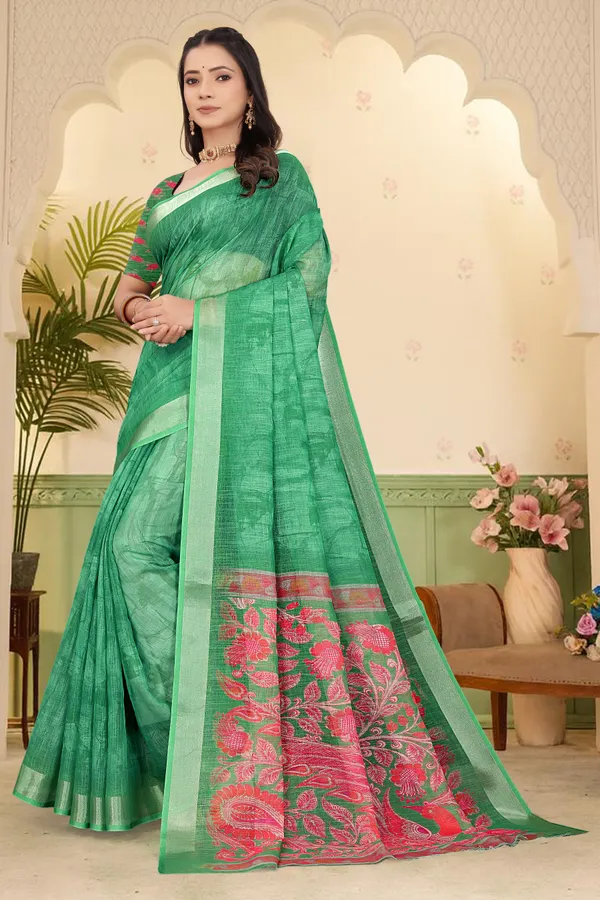 Green_Cotton_Linen_Digital_Print_Saree_For_Women