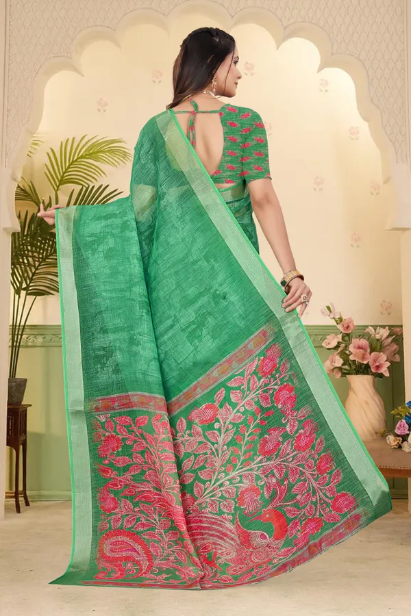Green_Cotton_Linen_Digital_Print_Saree_For_Women