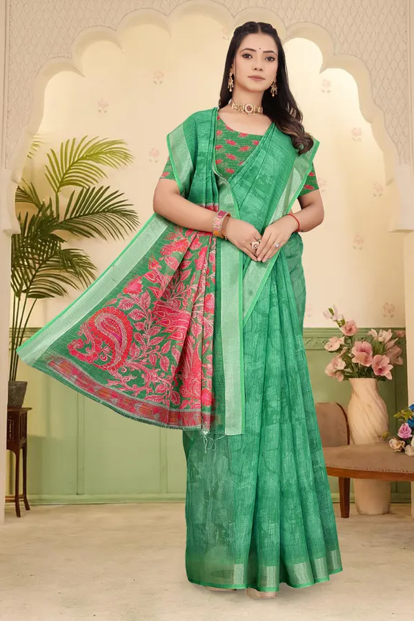 Green_Cotton_Linen_Digital_Print_Saree_For_Women