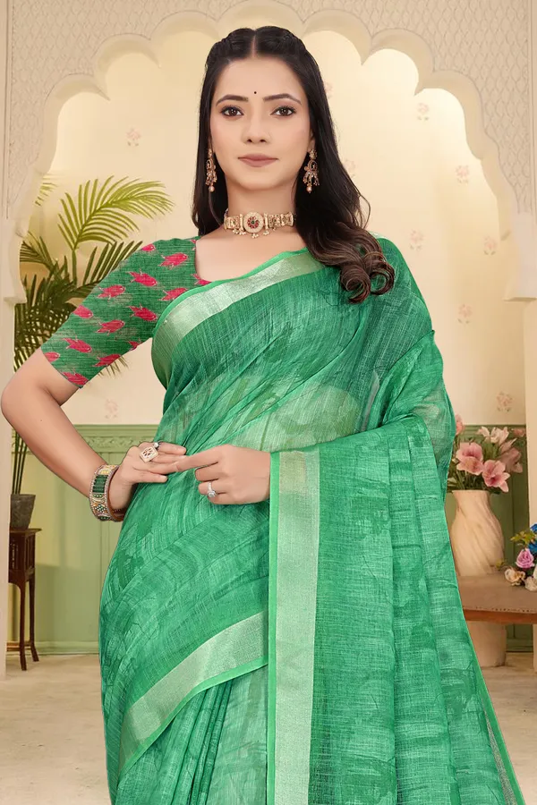 Green_Cotton_Linen_Digital_Print_Saree_For_Women